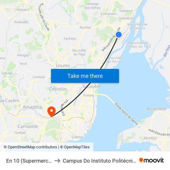 En 10 (Supermercado) (Alverca) to Campus Do Instituto Politécnico De Lisboa - Benfica map