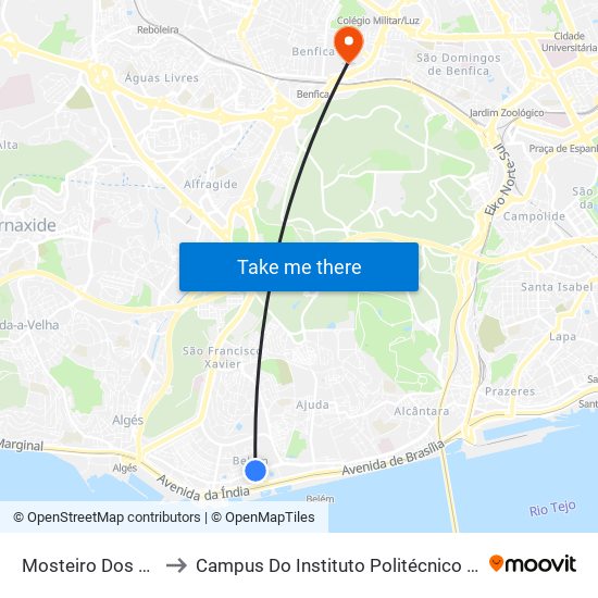 Mosteiro Dos Jerónimos to Campus Do Instituto Politécnico De Lisboa - Benfica map