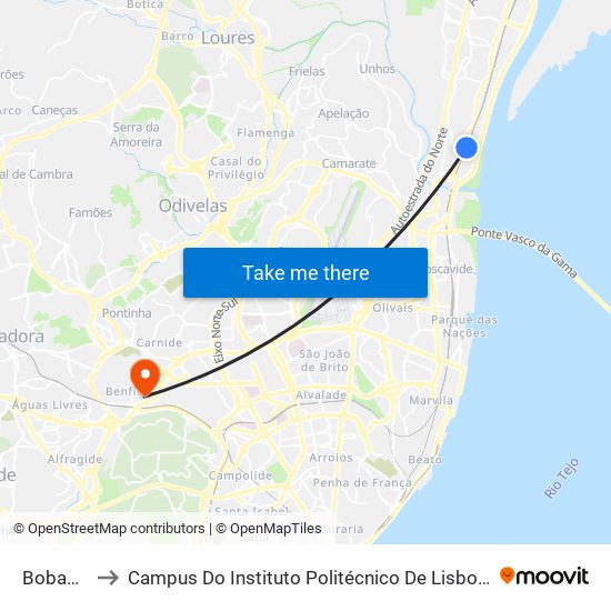 Bobadela to Campus Do Instituto Politécnico De Lisboa - Benfica map
