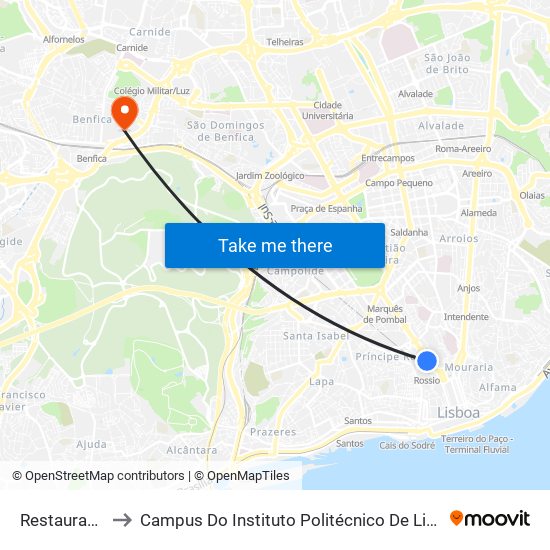 Restauradores to Campus Do Instituto Politécnico De Lisboa - Benfica map