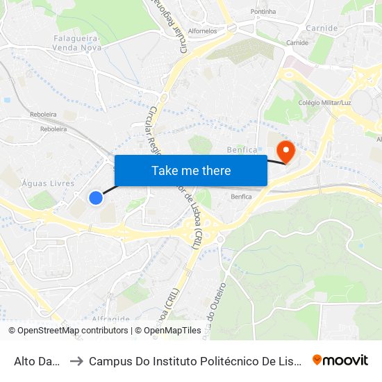 Alto Damaia to Campus Do Instituto Politécnico De Lisboa - Benfica map