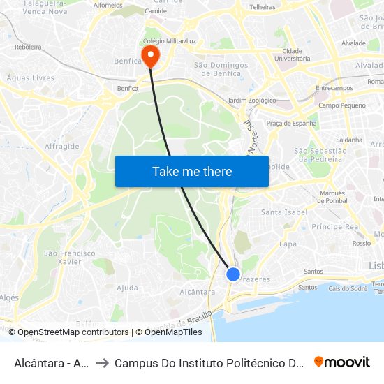 Alcântara - Av. Ceuta to Campus Do Instituto Politécnico De Lisboa - Benfica map