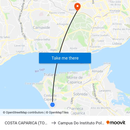 COSTA CAPARICA (TORRE DAS ARGOLAS) TER P2 to Campus Do Instituto Politécnico De Lisboa - Benfica map