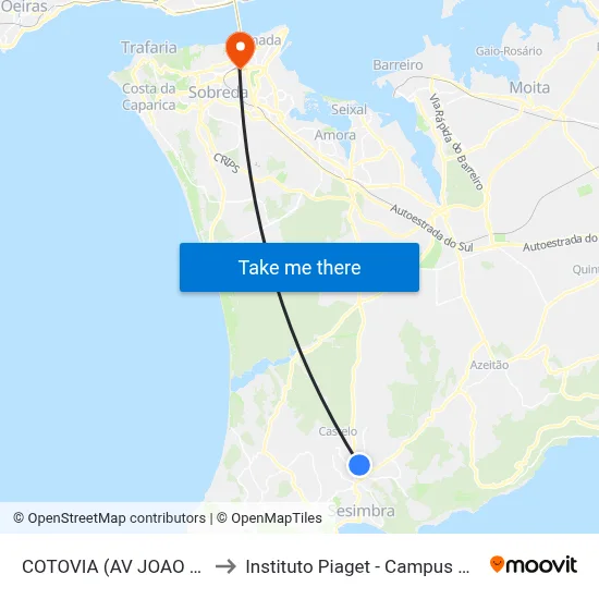 COTOVIA (AV JOAO PAULO II) CENTRO to Instituto Piaget - Campus Universitário de Almada map