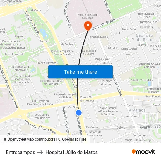 Entrecampos to Hospital Júlio de Matos map