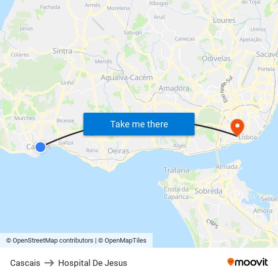 Cascais to Hospital De Jesus map