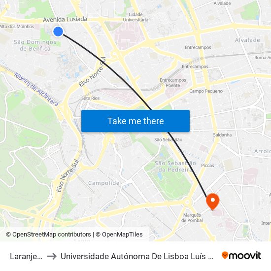 Laranjeiras to Universidade Autónoma De Lisboa Luís De Camões map