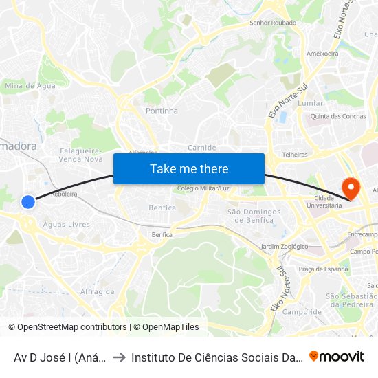 Av D José I (Análises Clínicas) to Instituto De Ciências Sociais Da Universidade De Lisboa map