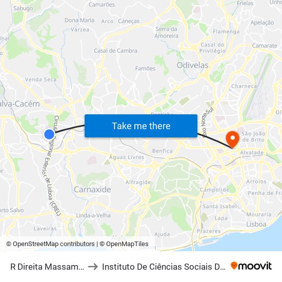 R Direita Massamá 98B(chafariz) to Instituto De Ciências Sociais Da Universidade De Lisboa map