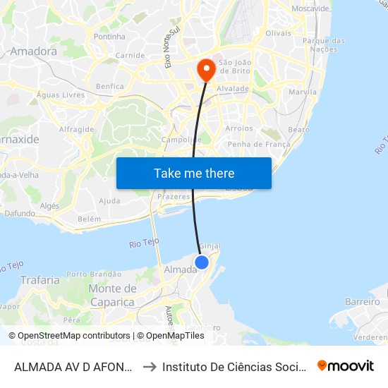 ALMADA AV D AFONSO HENRIQUES 18 (CTT) to Instituto De Ciências Sociais Da Universidade De Lisboa map