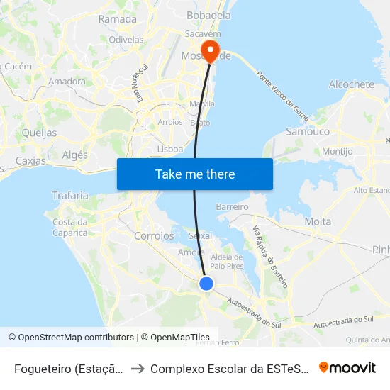 Fogueteiro (Estação) P0 to Complexo Escolar da ESTeSL / ESEL map