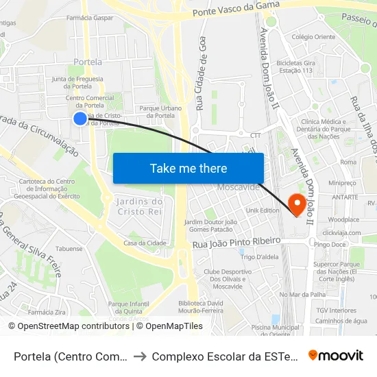 Portela (Centro Comercial) to Complexo Escolar da ESTeSL / ESEL map