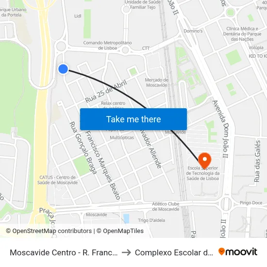 Moscavide Centro - R. Francisco Marques Beato to Complexo Escolar da ESTeSL / ESEL map