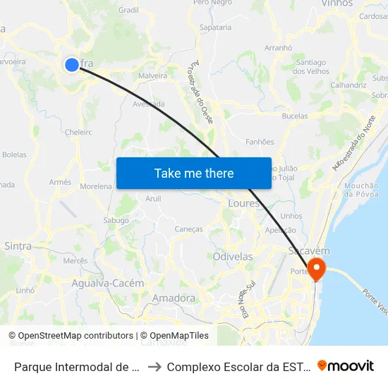 Parque Intermodal de Mafra P2 to Complexo Escolar da ESTeSL / ESEL map
