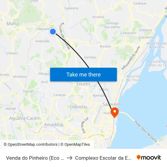 Venda do Pinheiro (Eco Parque) P1 to Complexo Escolar da ESTeSL / ESEL map