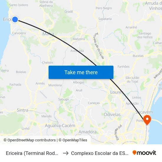 Ericeira (Terminal Rodoviário) P2 to Complexo Escolar da ESTeSL / ESEL map