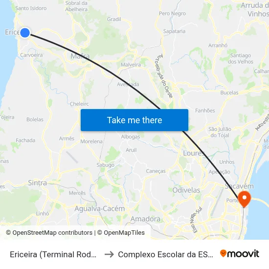 Ericeira (Terminal Rodoviário) P5 to Complexo Escolar da ESTeSL / ESEL map
