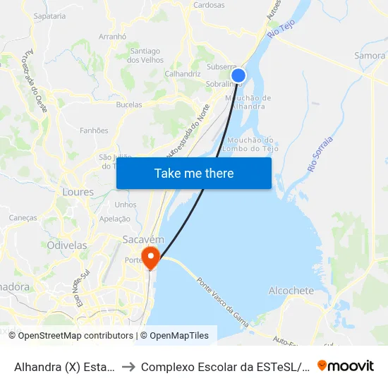 Alhandra (X) Estação to Complexo Escolar da ESTeSL / ESEL map