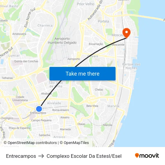 Entrecampos to Complexo Escolar Da Estesl / Esel map