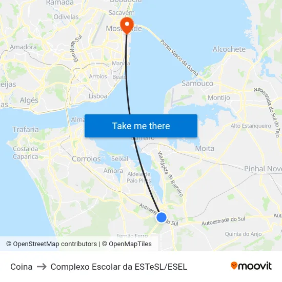 Coina to Complexo Escolar da ESTeSL / ESEL map