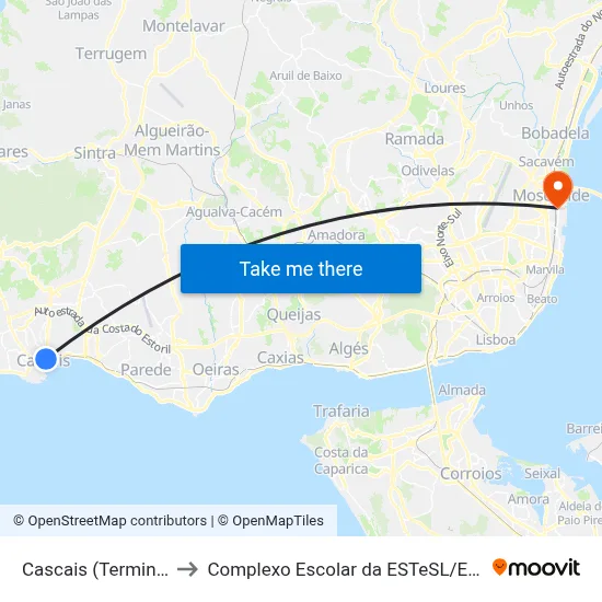 Cascais (Terminal) to Complexo Escolar da ESTeSL / ESEL map