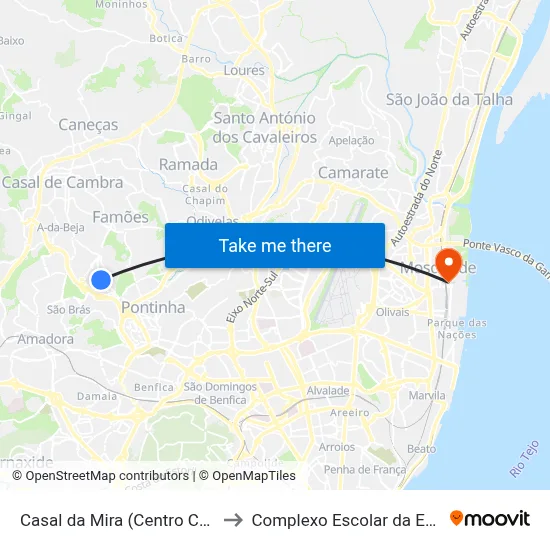 Casal da Mira (Centro Comercial) P5 to Complexo Escolar da ESTeSL / ESEL map