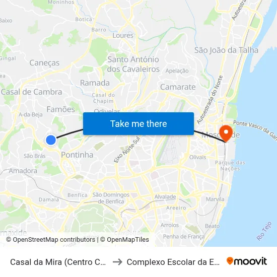 Casal da Mira (Centro Comercial) P6 to Complexo Escolar da ESTeSL / ESEL map