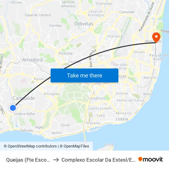 Queijas (Fte Escola) to Complexo Escolar Da Estesl / Esel map