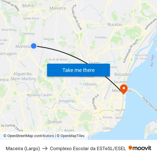 Maceira (Largo) to Complexo Escolar da ESTeSL / ESEL map