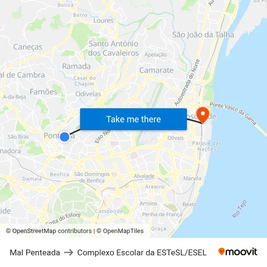 Mal Penteada to Complexo Escolar da ESTeSL / ESEL map