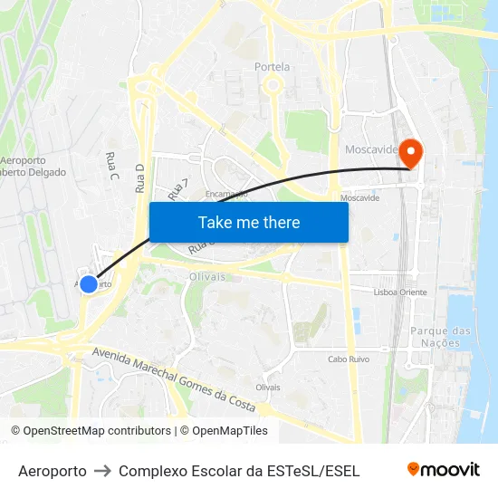 Aeroporto to Complexo Escolar da ESTeSL / ESEL map
