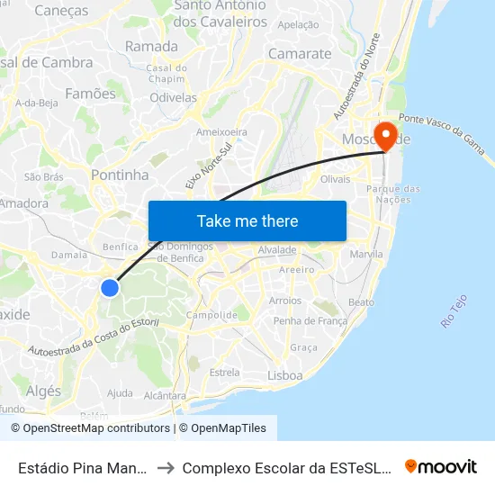 Estádio Pina Manique to Complexo Escolar da ESTeSL / ESEL map