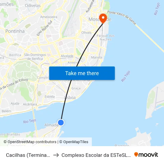 Cacilhas (Terminal) P4 to Complexo Escolar da ESTeSL / ESEL map