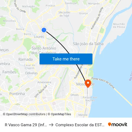 R Vasco Gama 29 (Infantado) to Complexo Escolar da ESTeSL / ESEL map