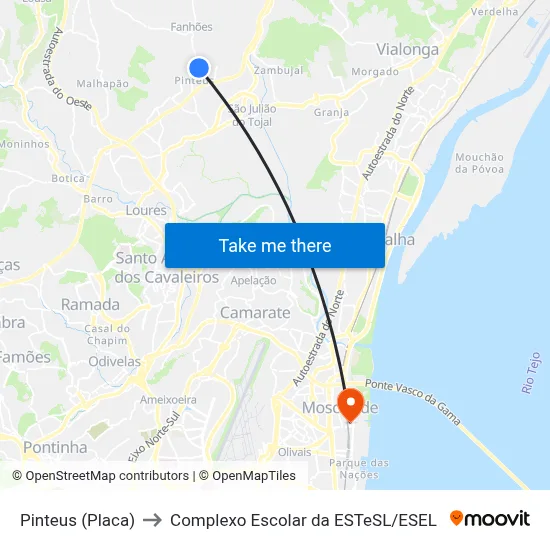 Pinteus (Placa) to Complexo Escolar da ESTeSL / ESEL map