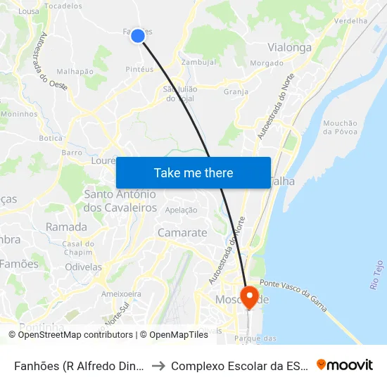 Fanhões (R Alfredo Dinis Alex 13) to Complexo Escolar da ESTeSL / ESEL map