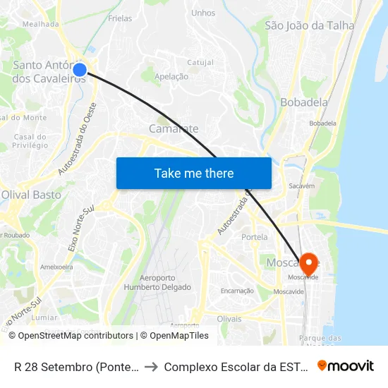 R 28 Setembro (Ponte Frielas) to Complexo Escolar da ESTeSL / ESEL map