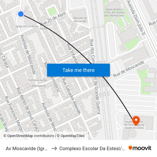 Av Moscavide (Igreja) to Complexo Escolar Da Estesl / Esel map