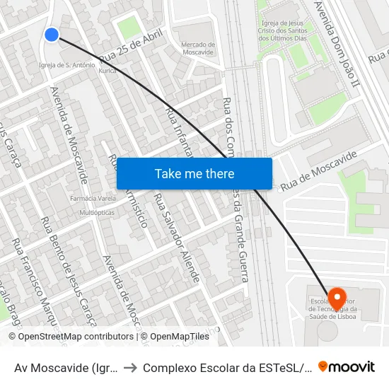 Av Moscavide (Igreja) to Complexo Escolar da ESTeSL / ESEL map