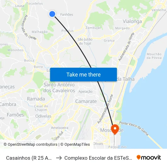 Casainhos (R 25 Abril 5) to Complexo Escolar da ESTeSL / ESEL map