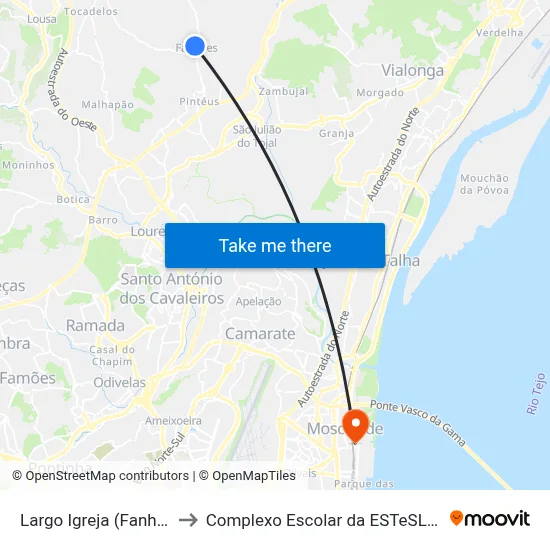 Largo Igreja (Fanhões) to Complexo Escolar da ESTeSL / ESEL map