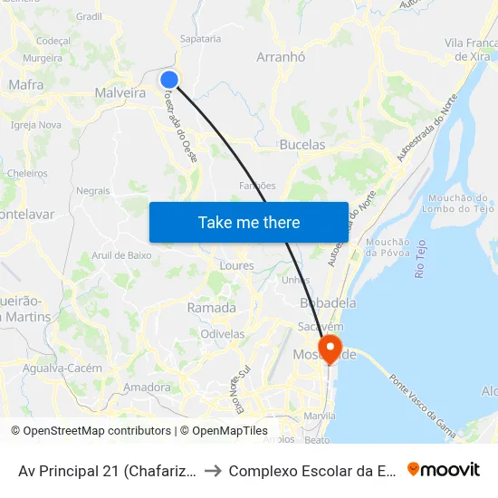 Av Principal 21 (Chafariz)(Roussada) to Complexo Escolar da ESTeSL / ESEL map