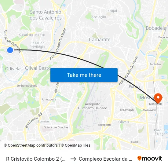R Cristovão Colombo 2 (Casal Chapim) to Complexo Escolar da ESTeSL / ESEL map