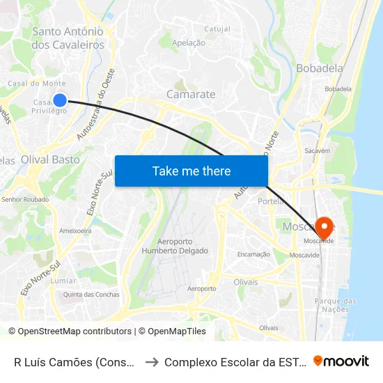 R Luís Camões (Conservatório) to Complexo Escolar da ESTeSL / ESEL map