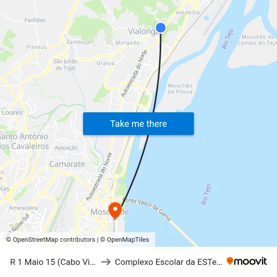 R 1 Maio 15 (Cabo Vialonga) to Complexo Escolar da ESTeSL / ESEL map