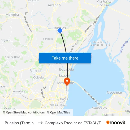 Bucelas (Terminal) to Complexo Escolar da ESTeSL / ESEL map