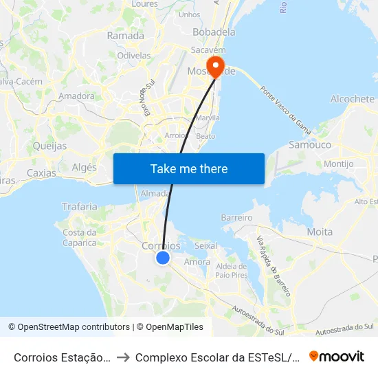 Corroios Estação P1 to Complexo Escolar da ESTeSL / ESEL map