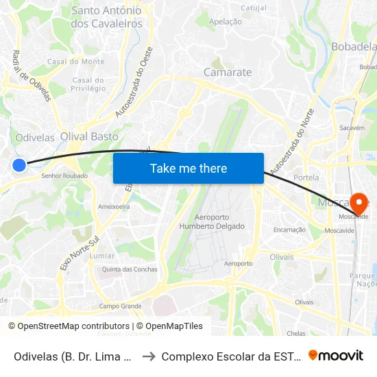Odivelas (B. Dr. Lima Pimentel) to Complexo Escolar da ESTeSL / ESEL map
