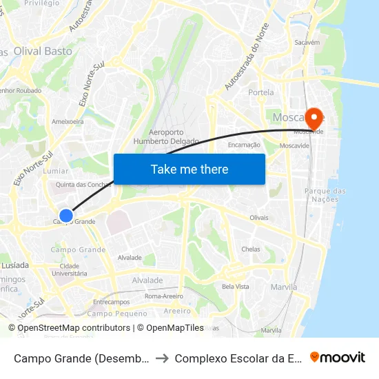Campo Grande (Desembarque Norte) to Complexo Escolar da ESTeSL / ESEL map