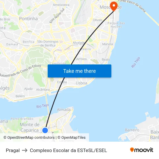 Pragal to Complexo Escolar da ESTeSL / ESEL map